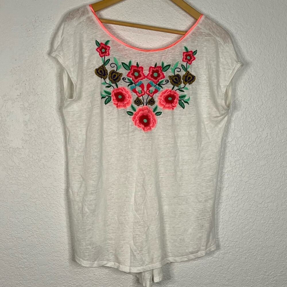 Sundance floral embroidered linen short sleeve shirt Bohemian Western Casual
